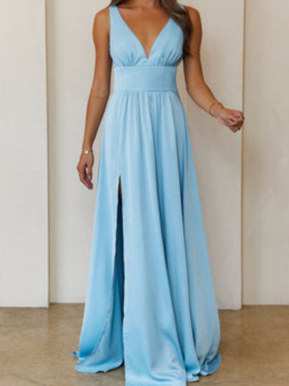 Hello Molly Sky Blue Deep V Maxi Dress with Front Slit